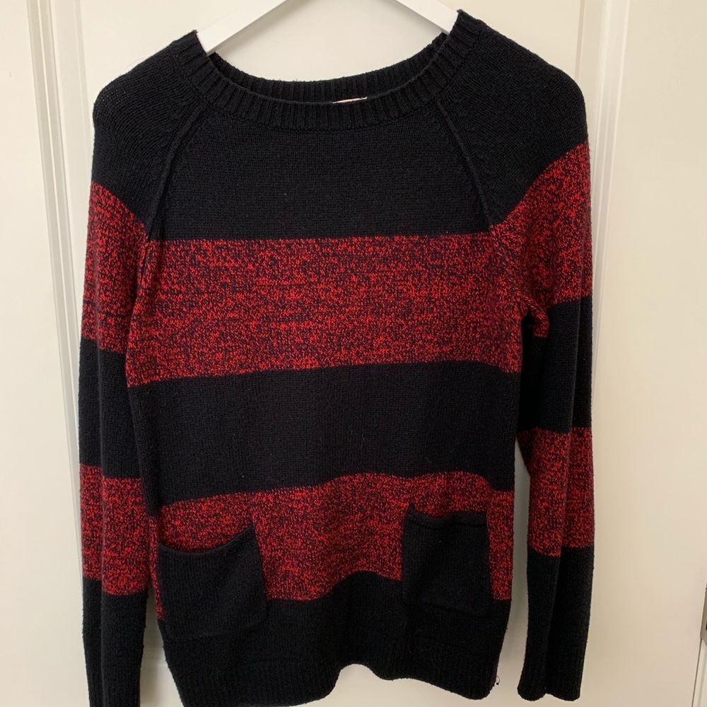 Navy and red striped pocket sweater